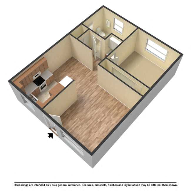 Floor plan for 1 bed, 1 bath, 638 sqft